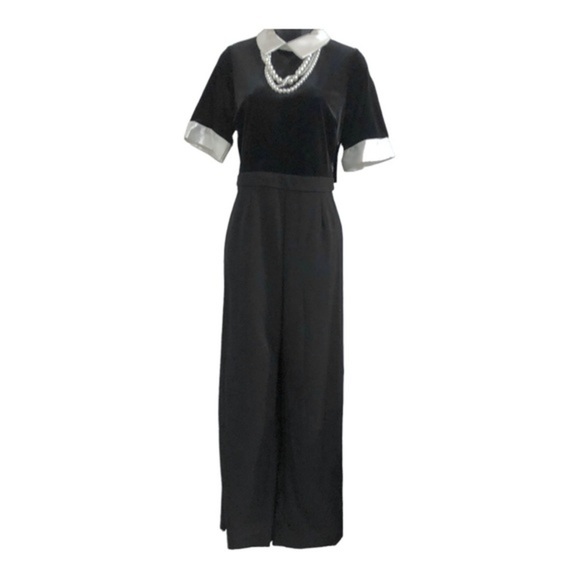 Black velvet & crepe peter‎ pan pearl necklace collar elegant jumpsuit size 8 - Picture 1 of 16